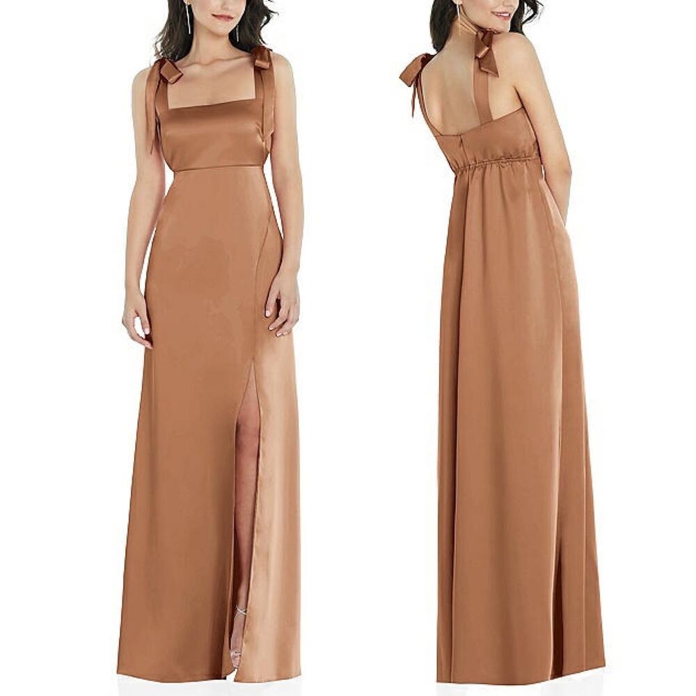 Social Bridesmaids 8224 Charmeuse Tie Shoulder Slit Maxi Dress Toffee Size M NWT